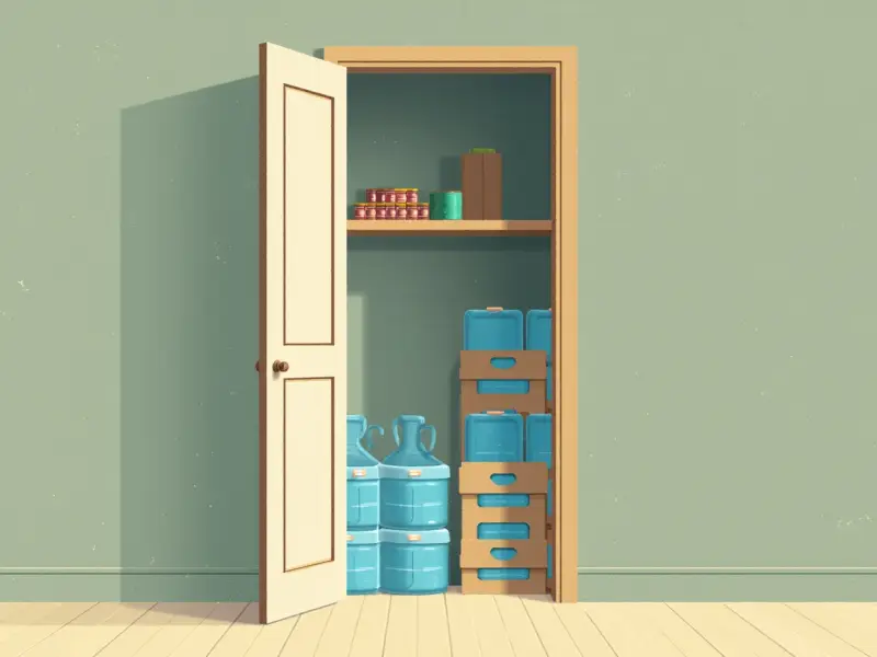 Illustration of a closet with water jugs and cases of bottled water